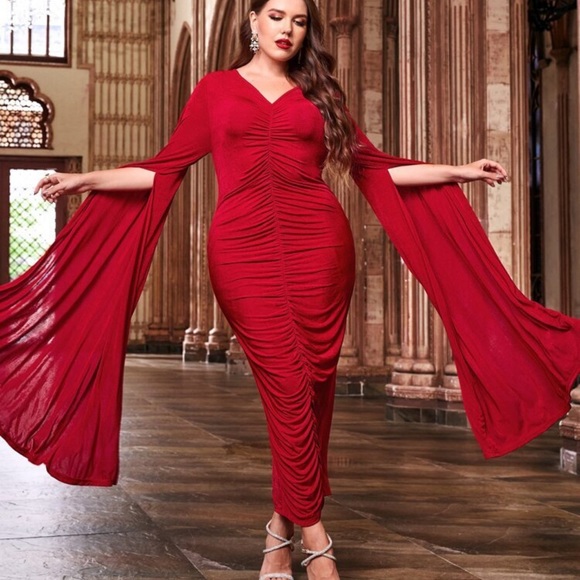 RED glamour RUTCHED midi dress 1x long sleeve - Picture 4 of 4